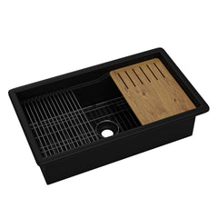 ALFI brand Black Matte 32" x 19" Workstation Step Rim Single Bowl Fireclay Undermount / Drop In Kitchen Sink - ABFS3219SUD-BM - The Home Selection
