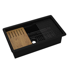 ALFI brand Black Matte 32" x 19" Workstation Step Rim Single Bowl Fireclay Undermount / Drop In Kitchen Sink - ABFS3219SUD-BM - The Home Selection