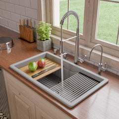ALFI brand Grey Matte 32" x 19" Workstation Single Step Rim Bowl Fireclay Undermount / Drop In Kitchen Sink - ABFS3219SUD-GM - The Home Selection