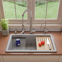 ALFI brand Grey Matte 32" x 19" Workstation Single Step Rim Bowl Fireclay Undermount / Drop In Kitchen Sink - ABFS3219SUD-GM - The Home Selection
