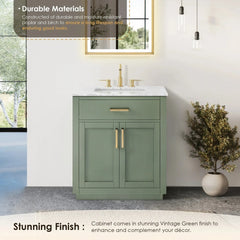 Altair Ivy Single Bathroom Vanity Set in Vintage Green and Carrara White Marble Countertop No Mirror - 5310 - The Home Selection
