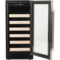 Azure 15-Inch Wine Center featuring a 3 cu. ft. Capacity, Wood Front Racks, Field Reversible Door, Blue LED Interior Lighting, Digital Display Controls, Automatic Defrost, and ADA Compliance - A115WC - The Home Selection