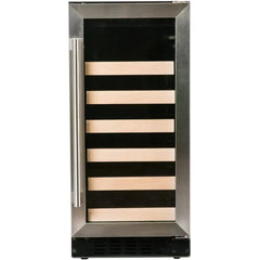 Azure 15-Inch Wine Center featuring a 3 cu. ft. Capacity, Wood Front Racks, Field Reversible Door, Blue LED Interior Lighting, Digital Display Controls, Automatic Defrost, and ADA Compliance - A115WC - The Home Selection