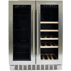 Azure 24 Inch Built-In Dual Zone Beverage and Wine Center with Capacity for 58 Cans and 15 Bottles, Glass and Wood Shelves, French Door Design, Blue LED Lighting, Digital Controls, Dual Temperature Zones - A124DZ - The Home Selection