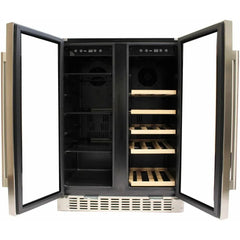 Azure 24 Inch Built-In Dual Zone Beverage and Wine Center with Capacity for 58 Cans and 15 Bottles, Glass and Wood Shelves, French Door Design, Blue LED Lighting, Digital Controls, Dual Temperature Zones - A124DZ - The Home Selection