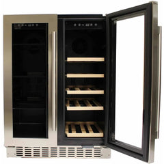 Azure 24 Inch Built-In Dual Zone Beverage and Wine Center with Capacity for 58 Cans and 15 Bottles, Glass and Wood Shelves, French Door Design, Blue LED Lighting, Digital Controls, Dual Temperature Zones - A124DZ - The Home Selection