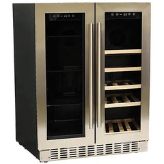 Azure 24 Inch Built-In Dual Zone Beverage and Wine Center with Capacity for 58 Cans and 15 Bottles, Glass and Wood Shelves, French Door Design, Blue LED Lighting, Digital Controls, Dual Temperature Zones - A124DZ - The Home Selection