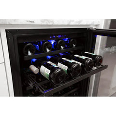 Azure 24" Undercounter Wine Center with 54 Bottle Capacity, Full Extension Racks, Argon Glass Door, Blue LED Lighting, Digital Controls, 40-65°F Temperature Range, Dual Sensor Control, Door Alarm, 39 dB Decibel Rating - A224WC-S - The Home Selection
