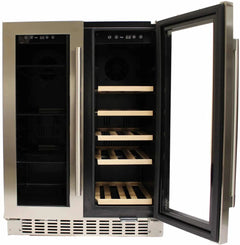 Azure 24 Inch Built-In Dual Zone Beverage and Wine Center with Capacity for 58 Cans and 15 Bottles, Glass and Wood Shelves, French Door Design, Blue LED Lighting, Digital Controls, Dual Temperature Zones - A124DZ