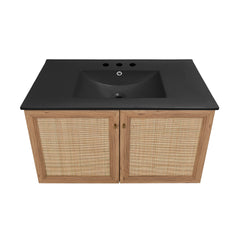 Swiss Madison Classe 36 in. Brown Oak Wall Hung Bathroom Vanity With Black, 3-Hole Ceramic Sink Top - SM-BV667-3MB