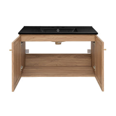 Swiss Madison Classe 36 in. Brown Oak Wall Hung Bathroom Vanity With Black, 3-Hole Ceramic Sink Top - SM-BV667-3MB