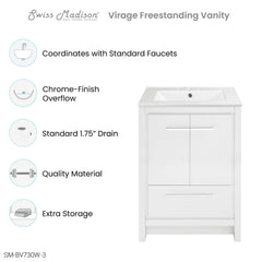 Swiss Madison Virage 24 in. White Bathroom Vanity With Ceramic Sink Top - SM-BV730W