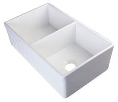Alfi White 32  Fluted Apron Double Bowl Fireclay Farmhouse Kitchen Sink - AB532