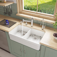 Alfi White 32" Double Bowl Lip Apron Fireclay Farmhouse Kitchen Sink with 1 3/4" Lip - White