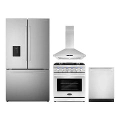 Cosmo 4 Piece Kitchen Package with 30" Freestanding Gas Range 30" Island Mount Range Hood 24" Built-in Fully Integrated Dishwasher & Energy Star French Door Refrigerator - COS-4PKG-694 - The Home Selection
