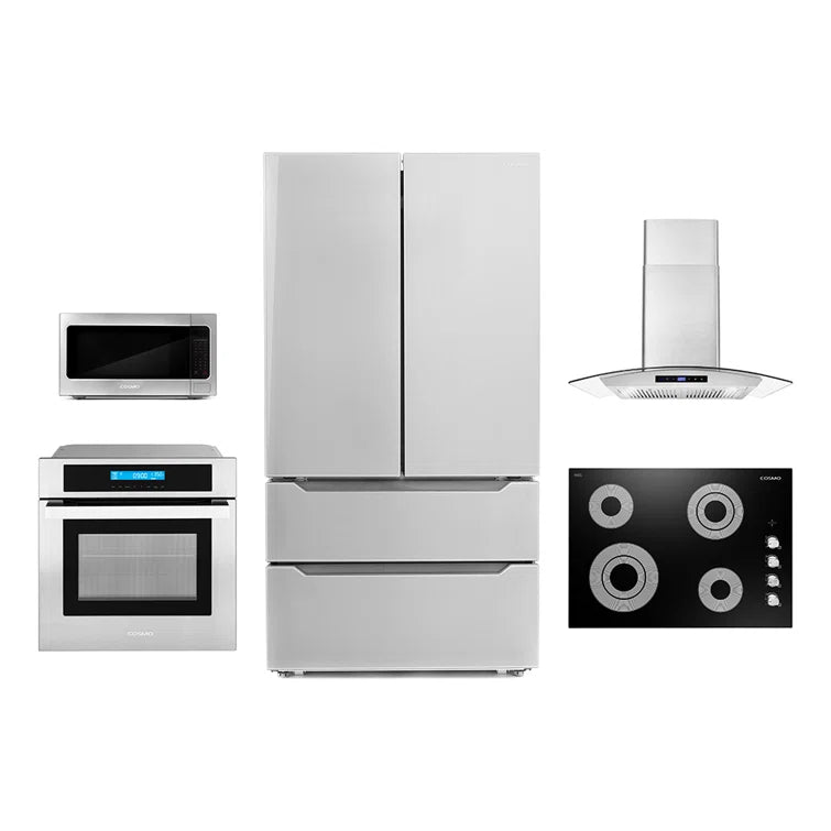 Cosmo 5 Piece 30″ Cooktop 30″ Range Hood 24″ Wall Oven 24.4″ Microwave & Refrigerator - COS-5PKG-114 - The Home Selection