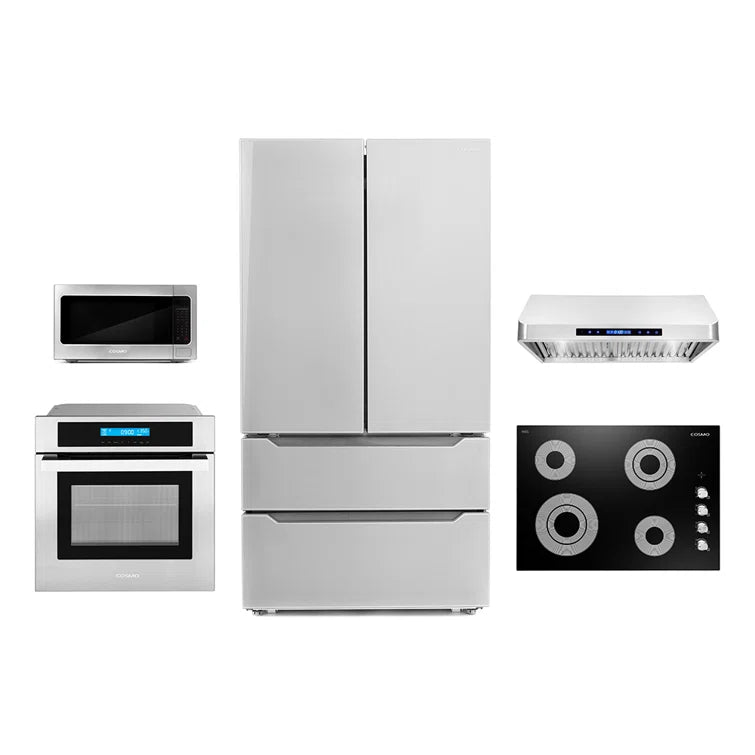 Cosmo 5 Piece, 36″ Cooktop 36″ Range Hood 24″ Wall Oven 17.3″ Microwave & Refrigerator - COS-5PKG-115 - The Home Selection