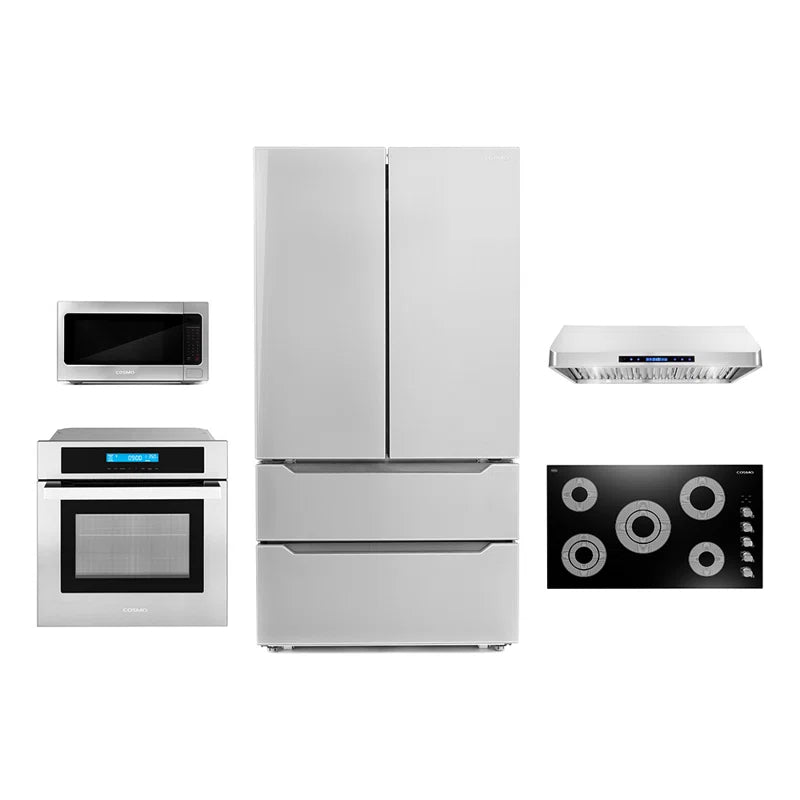 Cosmo 5 Piece, 36″ Cooktop 36″ Range Hood 30″ Wall Oven 24.4″ Microwave & Refrigerator - COS-5PKG-118 - The Home Selection