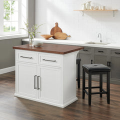 Crosley Bartlett Wood Top Kitchen Island W/uph Square Stools - KF30093WH-BK - The Home Selection