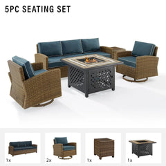 Crosley Bradenton 5pc Outdoor Swivel Rocker Sofa Set W/ Fire Table - KO70208WB - The Home Selection
