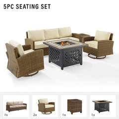 Crosley Bradenton 5pc Outdoor Swivel Rocker Sofa Set W/ Fire Table - KO70208WB - The Home Selection