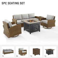 Crosley Bradenton 5pc Outdoor Swivel Rocker Sofa Set W/ Fire Table - KO70208WB - The Home Selection