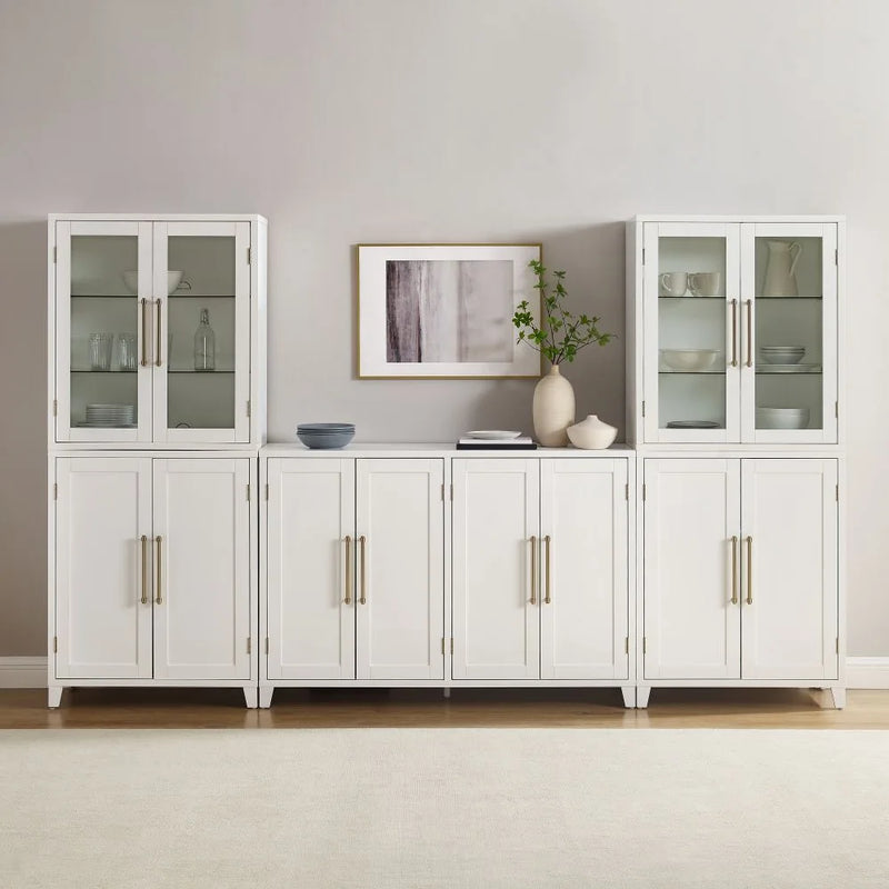 Crosley Roarke 3Pc Sideboard And Pantry Set W/ Glass Door Hutch - KF33059WH - The Home Selection