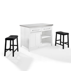 Crosley Silvia Stainless Steel Top Island W/uph Saddle Stools - KF30082WH-BK - The Home Selection