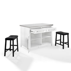 Crosley Silvia Stainless Steel Top Island W/uph Saddle Stools - KF30082WH-BK - The Home Selection