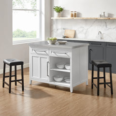 Crosley Silvia Stainless Steel Top Island W/uph Saddle Stools - KF30082WH-BK - The Home Selection