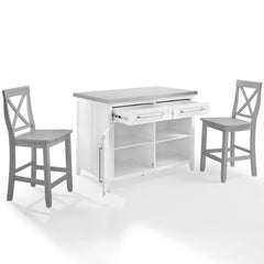 Crosley Silvia Stainless Steel Top Kitchen Island W/x-Back Stools - KF30083WH-GY - The Home Selection