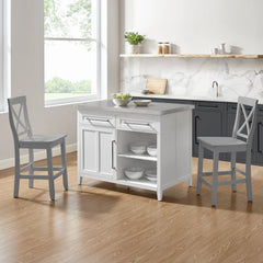 Crosley Silvia Stainless Steel Top Kitchen Island W/x-Back Stools - KF30083WH-GY - The Home Selection