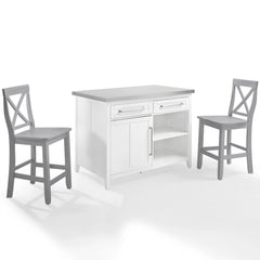 Crosley Silvia Stainless Steel Top Kitchen Island W/x-Back Stools - KF30083WH-GY - The Home Selection