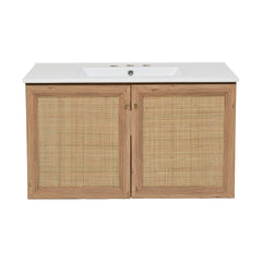 Swiss Madison Classe 36 in. Brown Oak Wall Hung Bathroom Vanity With White, 3-Hole Ceramic Sink Top - SM-BV667-3