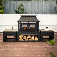 Deko Living 70" Rectangular Outdoor Steel Woodburning Fireplace with Log Storage Compartment & Side Tables - COB10513 - The Home Selection