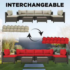 Deko Living 8 Piece Brown Outdoor Sectional Wicker Sofa Chairs and Tables with Interchangable Beige and Red Cushion Covers - COP30011 - The Home Selection