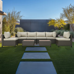 Deko Living 8 Piece Brown Outdoor Sectional Wicker Sofa Chairs and Tables with Interchangable Beige and Red Cushion Covers - COP30011 - The Home Selection