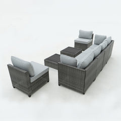 Deko Living 8 Piece Gray Outdoor Sectional Wicker Sofa Chairs and Tables with Interchangable Blue and Gray Cushion Covers - COP30111 - The Home Selection