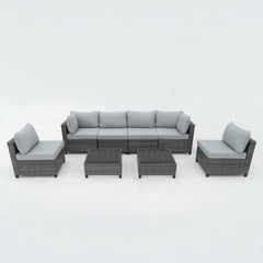 Deko Living 8 Piece Gray Outdoor Sectional Wicker Sofa Chairs and Tables with Interchangable Blue and Gray Cushion Covers - COP30111 - The Home Selection