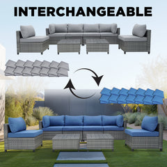 Deko Living 8 Piece Gray Outdoor Sectional Wicker Sofa Chairs and Tables with Interchangable Blue and Gray Cushion Covers - COP30111 - The Home Selection