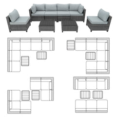 Deko Living 8 Piece Gray Outdoor Sectional Wicker Sofa Chairs and Tables with Interchangable Blue and Gray Cushion Covers - COP30111 - The Home Selection
