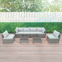 Deko Living 8 Piece Gray Outdoor Sectional Wicker Sofa Chairs and Tables with Interchangable Blue and Gray Cushion Covers - COP30111 - The Home Selection