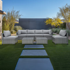 Deko Living 8 Piece Gray Outdoor Sectional Wicker Sofa Chairs and Tables with Interchangable Blue and Gray Cushion Covers - COP30111 - The Home Selection