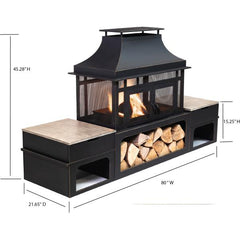 Deko Living Rimasco 80″ Metal Wood Burner Fireplace with Side Storage Tables - COB10504 - The Home Selection
