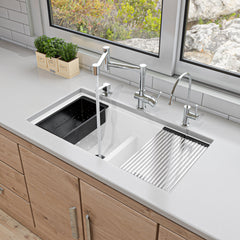Alfi 33" Granite Composite Workstation Step Rim Double Bowl Undermount Sink with Accessories - White