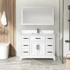 Vanity Art 48"Bath Vanity with Engineered Marble Top in White with Basin and Mirror - VA1048