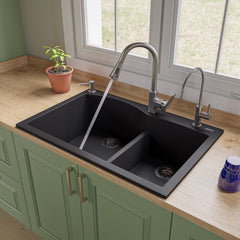 Alfi 33" Double Bowl Drop In Granite Composite Kitchen Sink - Black