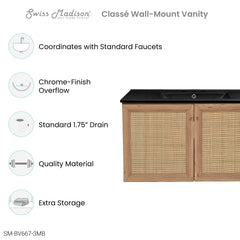Swiss Madison Classe 36 in. Brown Oak Wall Hung Bathroom Vanity With Black, 3-Hole Ceramic Sink Top - SM-BV667-3MB