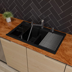 Alfi 33" Granite Composite Workstation Step Rim Double Bowl Drop In Sink with Accessories - Black