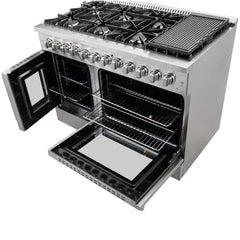 Forno 48-Inch Galiano Dual Fuel Range with 8 Gas Burners, 107,000 BTUs, & French Door Electric Oven in Stainless Steel - FFSGS6356-48 - The Home Selection